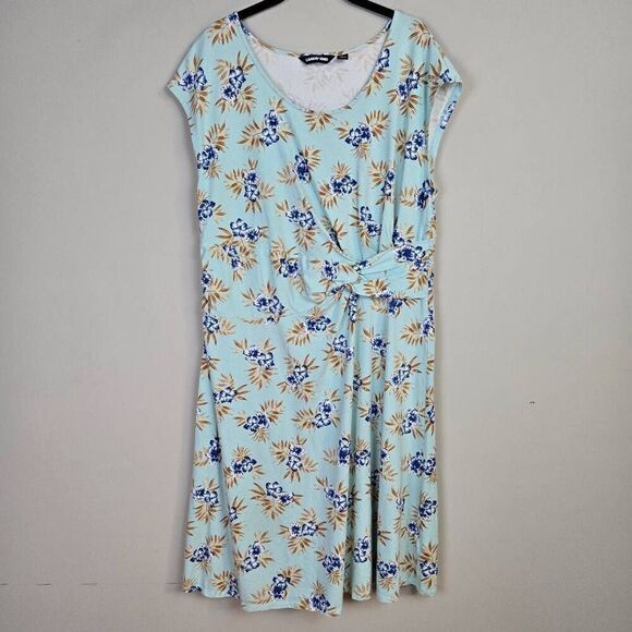 Lands End Womens Floral Ruched Midi Dress Size 1X Blue Stretch Hawaiian Island - Picture 1 of 7